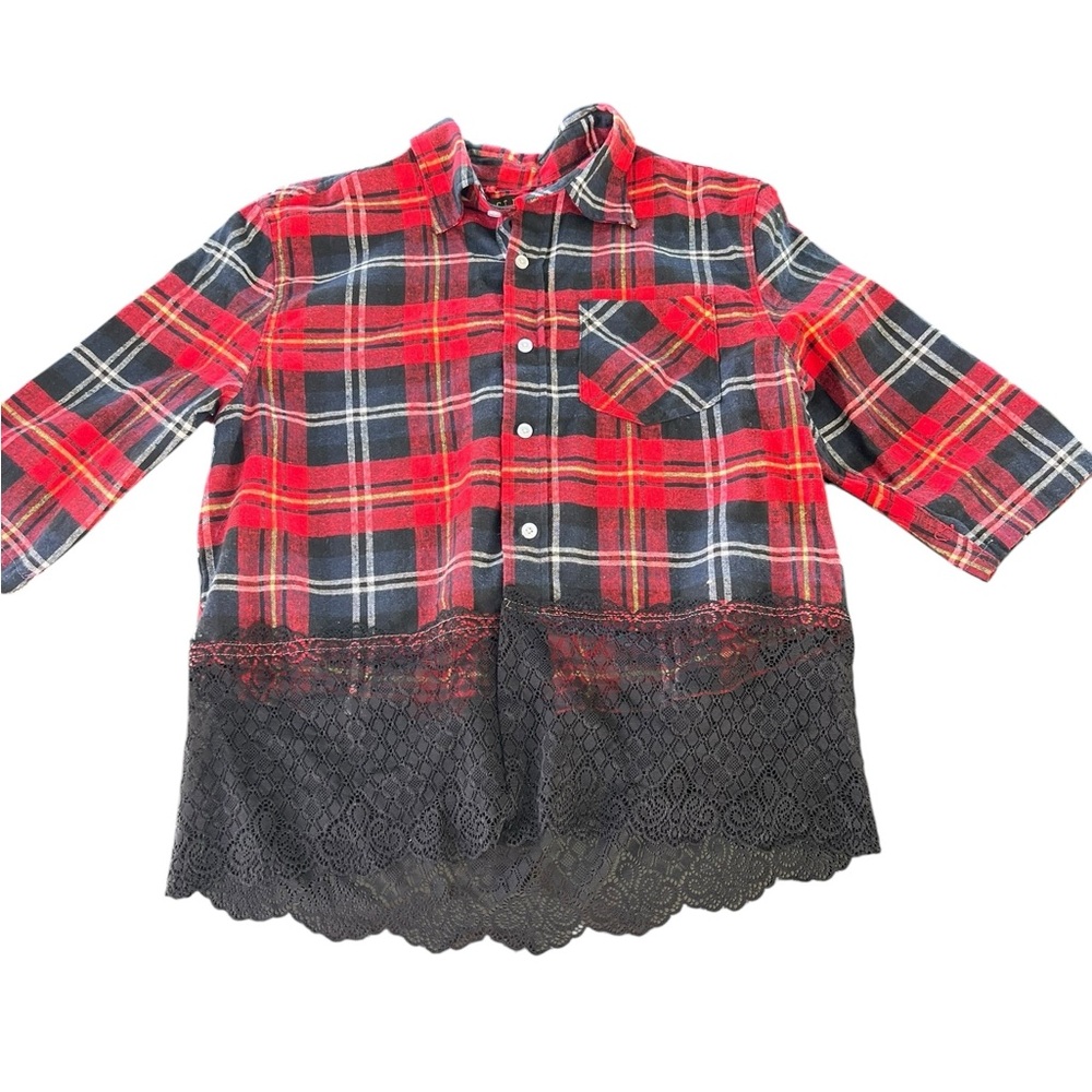 Ativa Women's Red Plaid Button Down Shirt with Black Lace